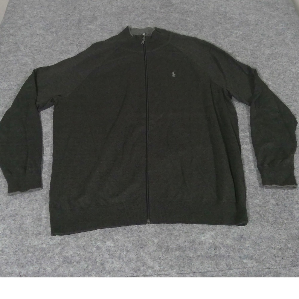 Polo Ralph Lauren Mens 2XB Charcoal Gray Full Zip Mock Neck Pony Logo Sweater